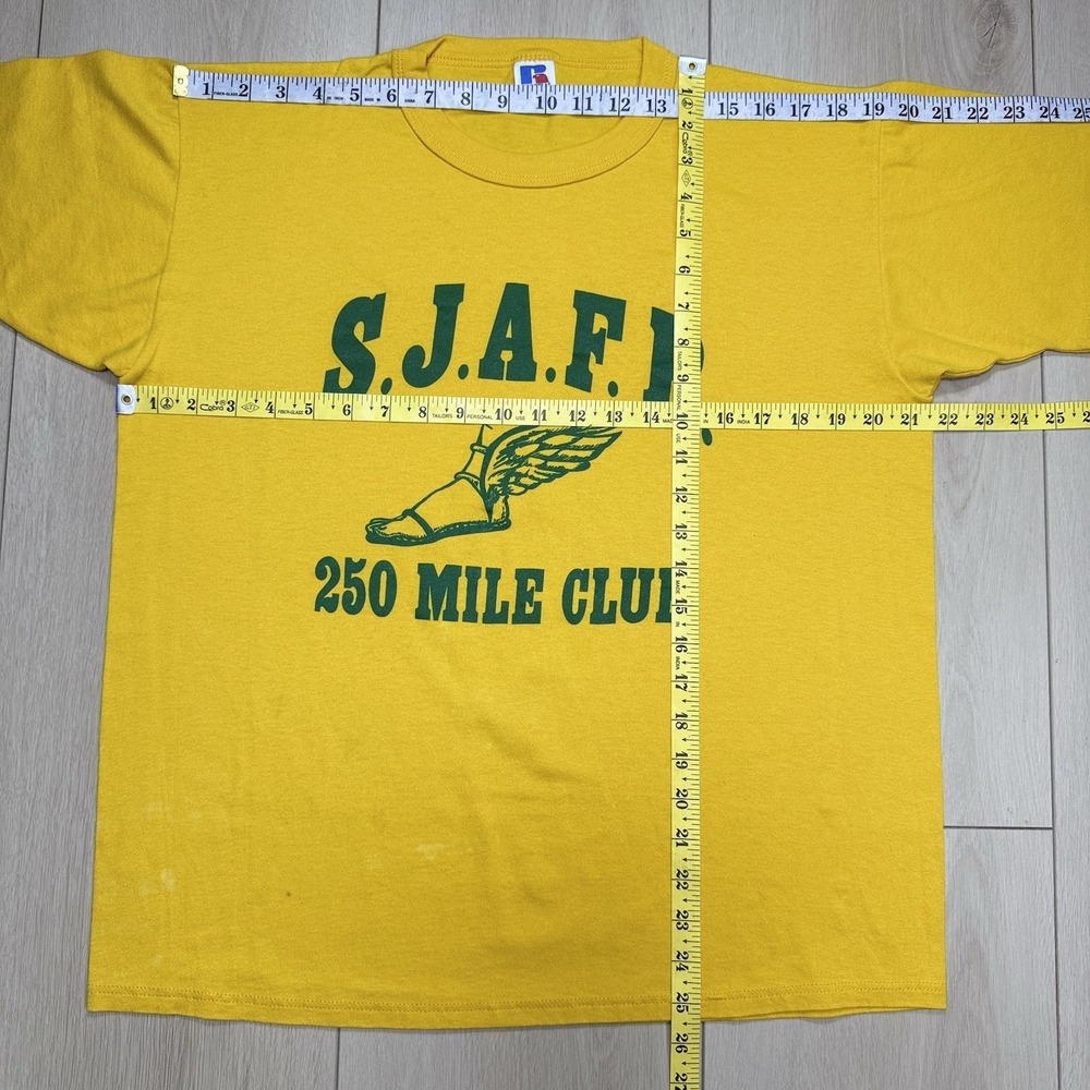 Vintage SZ L Russell Athletic SJAFB 250 Mile Club T Shirt Yellow Green USA Made - Picture 6 of 7